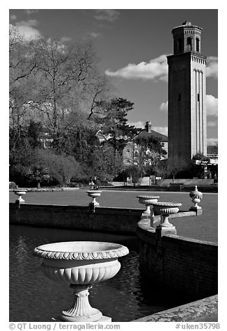 Vasques, lake and campanile. Kew Royal Botanical Gardens,  London, England, United Kingdom (black and white)