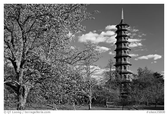 Great Pagoda designed after the Chinese Taa. Kew Royal Botanical Gardens,  London, England, United Kingdom (black and white)