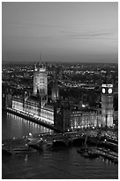 Aerial view of Westminster Palace from the London Eye at sunset. London, England, United Kingdom ( black and white)