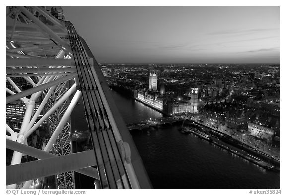 London Eye and Westmister Palace at sunset. London, England, United Kingdom (black and white)