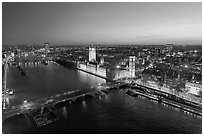 Aerial view of Thames River, Westmister Bridge and Palace at dusk. London, England, United Kingdom ( black and white)