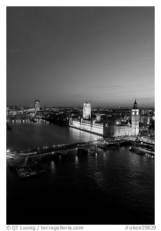 Aerial view of Thames River and Houses of Parliament at dusk. London, England, United Kingdom (black and white)