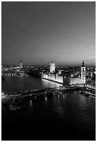 Aerial view of Thames River and Houses of Parliament at dusk. London, England, United Kingdom ( black and white)