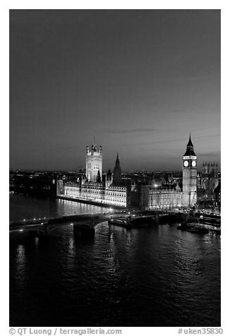 Thames River and Houses of Parliament at night seen from the London Eye. London, England, United Kingdom (black and white)