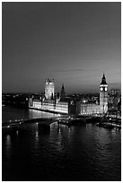 Thames River and Houses of Parliament at night seen from the London Eye. London, England, United Kingdom ( black and white)