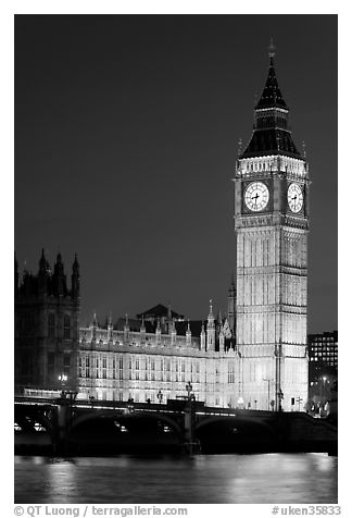 Big Ben and Westminster Bridge at night. London, England, United Kingdom (black and white)