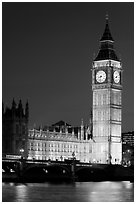 Big Ben and Westminster Bridge at night. London, England, United Kingdom ( black and white)