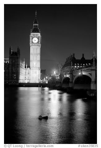 Big Ben reflected in Thames River at night. London, England, United Kingdom