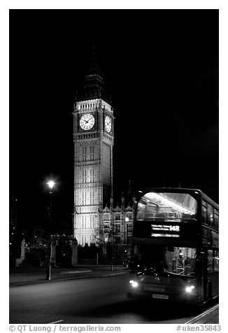 Double-decker bus and Big Ben at night. London, England, United Kingdom