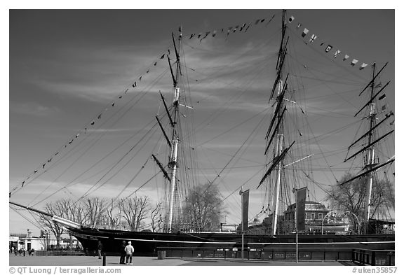 Cutty Sark in her dry dock. Greenwich, London, England, United Kingdom (black and white)