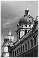 Twin domes of the Greenwich Hospital (formerly the Royal Naval College). Greenwich, London, England, United Kingdom (black and white)