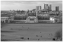 Greenwich Park lawn, Royal Maritime Museum, Greenwich Hospital, and Docklands. Greenwich, London, England, United Kingdom ( black and white)