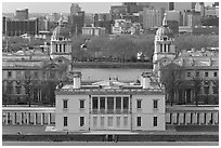 Queen's House, Greenwich Old Royal Naval College, and Thames River. Greenwich, London, England, United Kingdom ( black and white)