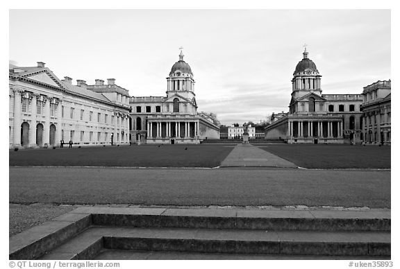Grand Square, Old Royal Naval College, sunset. Greenwich, London, England, United Kingdom (black and white)