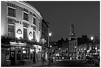 Tavern, street, and church at night. Greenwich, London, England, United Kingdom (black and white)