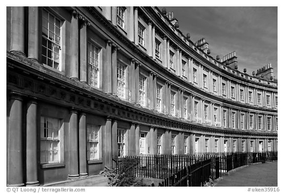 Georgian facades of townhouses on the Royal Circus. Bath, Somerset, England, United Kingdom (black and white)