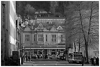Street and train station, late afternoon. Bath, Somerset, England, United Kingdom (black and white)