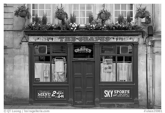 Facade of small restaurant. Bath, Somerset, England, United Kingdom (black and white)