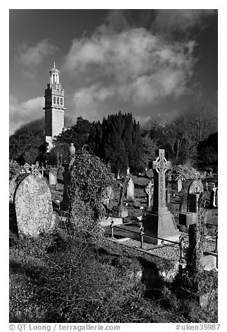 Old tombs in cemetery next to Beckford tower. Bath, Somerset, England, United Kingdom (black and white)