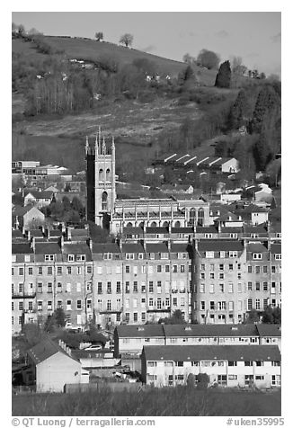 Townhouses and church. Bath, Somerset, England, United Kingdom (black and white)