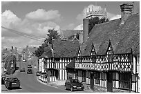 Village main street lined with half-timbered houses. Wiltshire, England, United Kingdom (black and white)