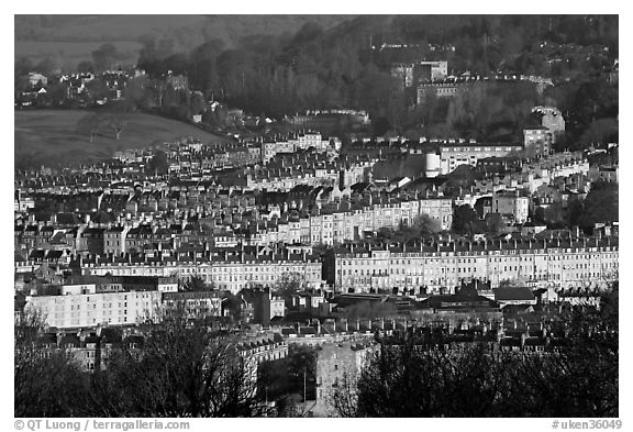 Architectural cohesion of Georgian buildings in Bath Stone. Bath, Somerset, England, United Kingdom (black and white)