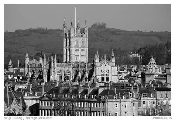 Bath Abbey rising over 18th century buildings. Bath, Somerset, England, United Kingdom (black and white)