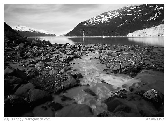 Stream, fjord, glacier, and waterfall, Barry Arm. Prince William Sound, Alaska, USA