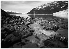 Stream, fjord, glacier, and waterfall, Barry Arm. Prince William Sound, Alaska, USA ( black and white)