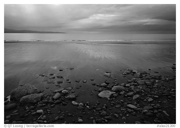 Pebbles, beach, and Katchemak Bay. Alaska, USA (black and white)