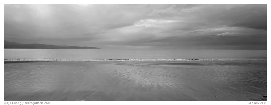 Seascape with wet beach and clouds. Homer, Alaska, USA (black and white)