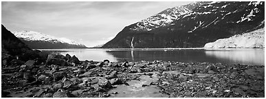 Fjord seascape with tidewater glacier. Prince William Sound, Alaska, USA (Panoramic black and white)