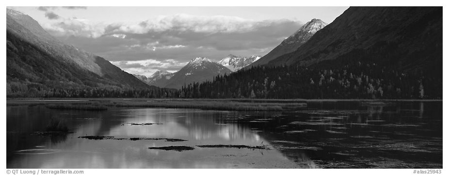 Kenai peninsula landscape with lake and reflections. Alaska, USA (black and white)