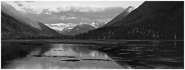 Kenai peninsula landscape with lake and reflections. Alaska, USA (Panoramic black and white)