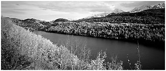 Autumn landscape with forest, lake, and mountains. Alaska, USA (Panoramic black and white)