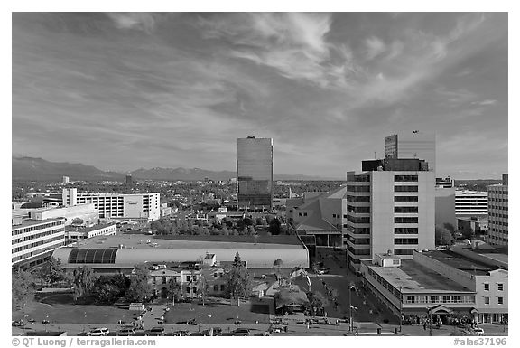 Downtown Anchorage from above. Anchorage, Alaska, USA (black and white)
