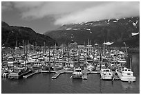 Whittier Harbour and mountains. Whittier, Alaska, USA (black and white)