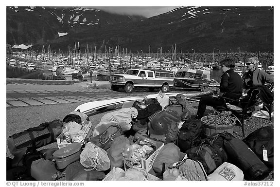 Group gear for a sea kayaking trip. Whittier, Alaska, USA (black and white)