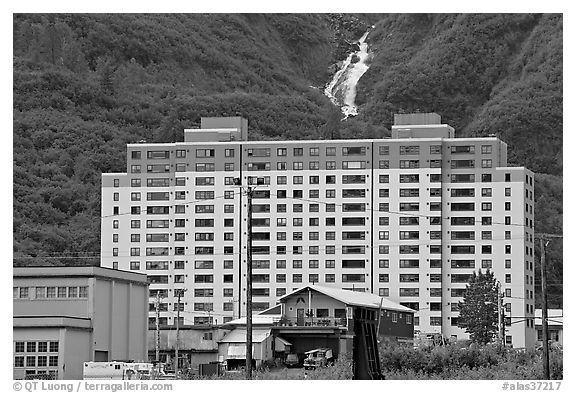 Begich towers and Horsetail falls. Whittier, Alaska, USA (black and white)
