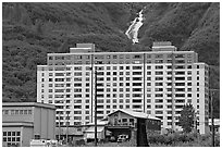 Begich towers and Horsetail falls. Whittier, Alaska, USA (black and white)