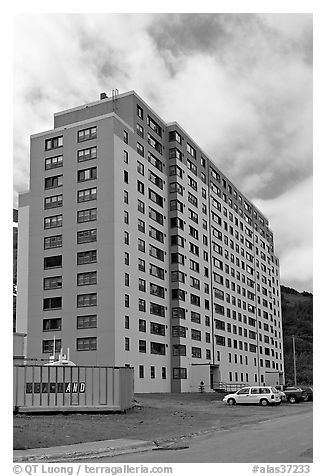 Begich towers, home to half of Whittier population. Whittier, Alaska, USA (black and white)