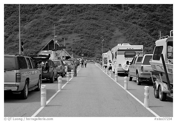 Cars and RVs lining up for the tunnel crossing. Whittier, Alaska, USA