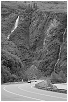 Richardson Highway and waterfalls, Keystone Canyon. Alaska, USA (black and white)