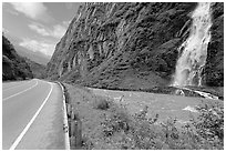 Bridalveil Falls cascading next to rood, Keystone Canyon. Alaska, USA (black and white)