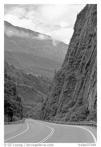 Richardson Highway passing between steep walls, Keystone Canyon. Alaska, USA
