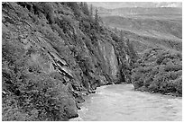 River, vegetation covered rock walls, Keystone Canyon. Alaska, USA (black and white)