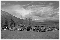 Row of classic cars lined up in meadow. McCarthy, Alaska, USA ( black and white)