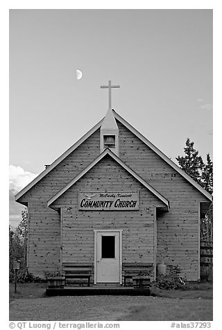 Community church and moon. McCarthy, Alaska, USA