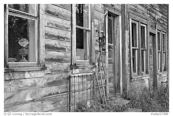 Detail of old wooden building. McCarthy, Alaska, USA (black and white)