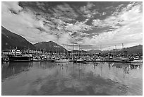 Harbor and reflections. Seward, Alaska, USA (black and white)